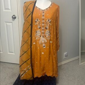 Navy orange shalwar kameez tie dye duppatta